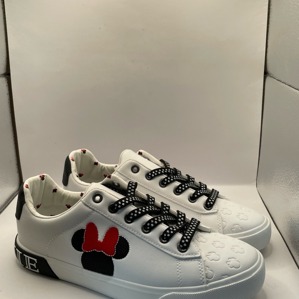 Disney White Sneakers with Black & Red Minnie Bow Detail